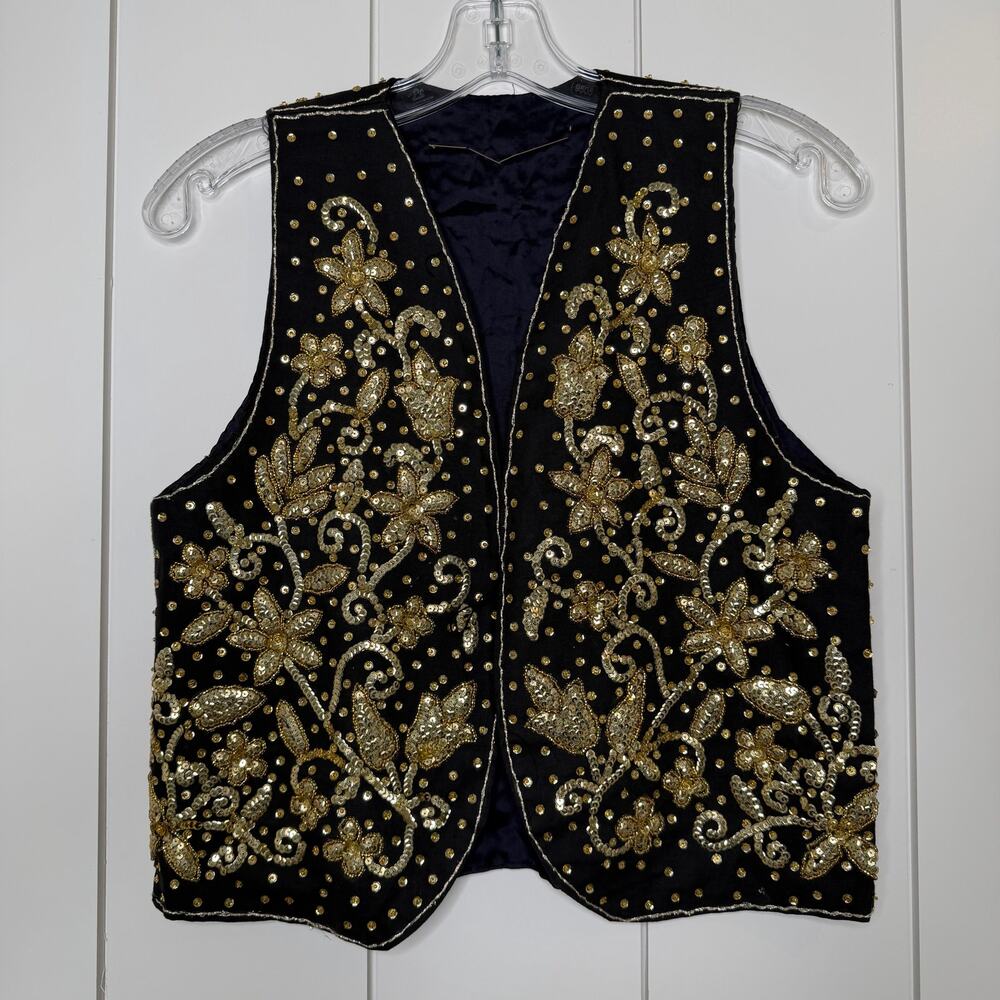 Handmade Black Gold Beaded Vest Boho Festival XS S
